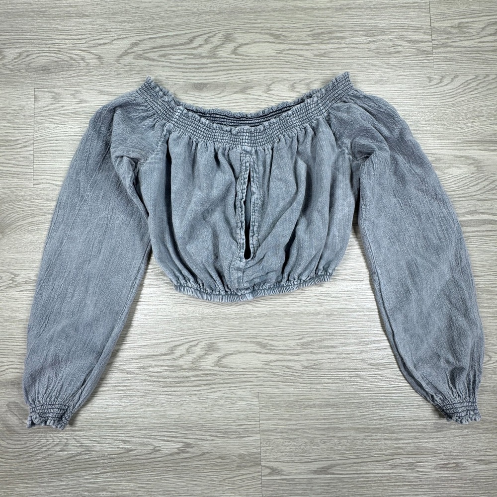 Blanco Women's Crop Top Off Shoulder Keyhole‎ Gray Small Smocked Long Sleeve